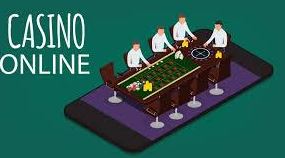 Tre spelare och en croupier runt ett spelbord beläget på en mobiltelefon med texten "Casino online" vid sidan av sig.